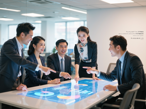 现代商务办公场景，多人协作讨论，体现企业未来发展愿景和团队合作精神